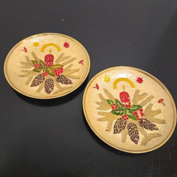 Other - Set of 2 Brass Painted Enamel Christmas Trinket Candle Dish Pinecones India 4.5"